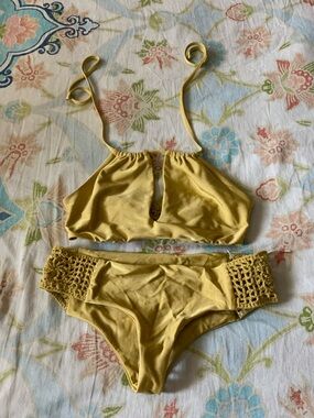 Frankie's Bikinis Mustard Yellow Crochet-Side Bikini Set
